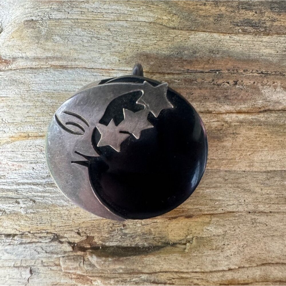 Sterling Silver 925 Moon and Stars Brooch Pendant With Black Onyx Inlay Vintage